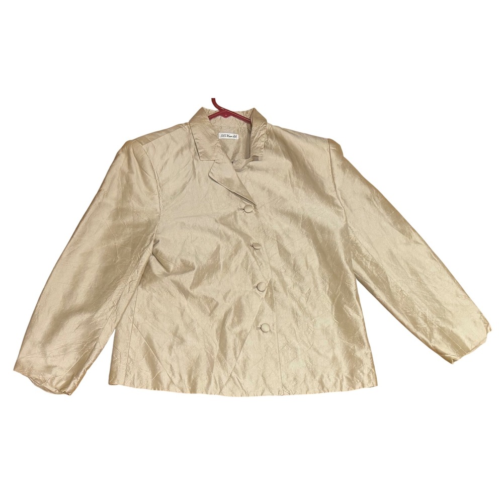 VTG Ann May Champagne Gold 100% Woven Silk Asymmetric Button Blazer Women's 10